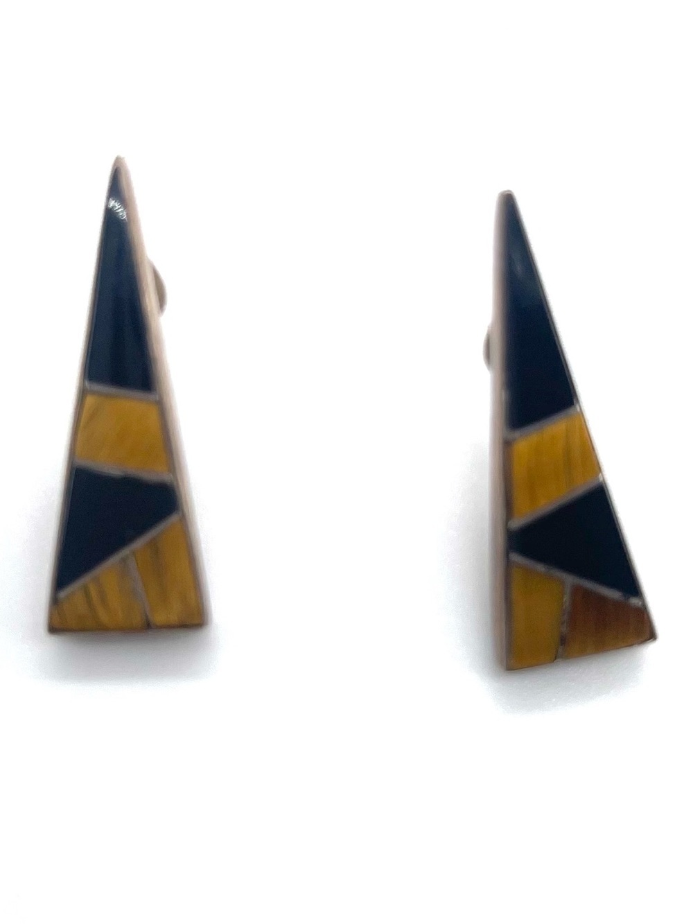 F.I.J Geometric Triangle Inlay Earrings in Black and Tiger Eye